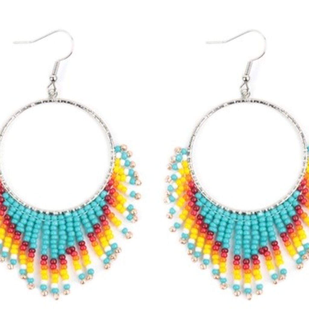 Turquoise Accent Glass Beaded Metal Base Hoop Earrings 8$